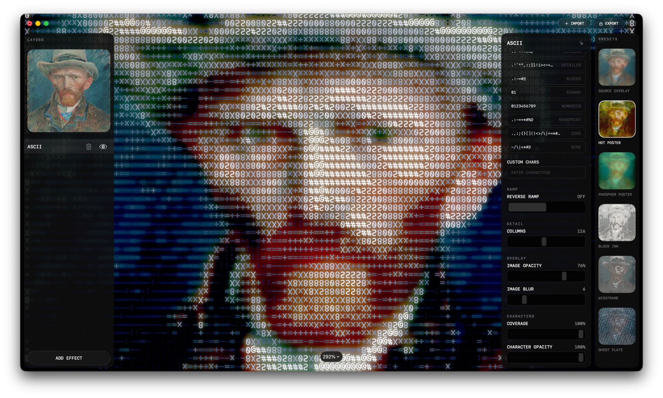 FXOS native macOS workbench applying an ASCII portrait effect