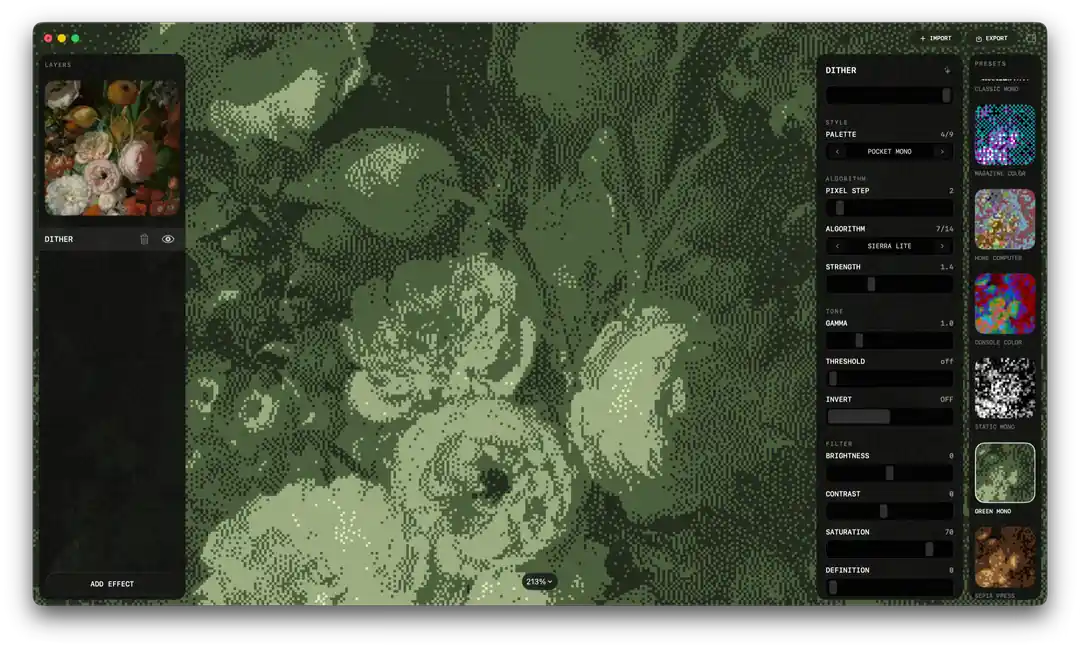 FXOS native macOS workbench applying a green dither effect to flowers