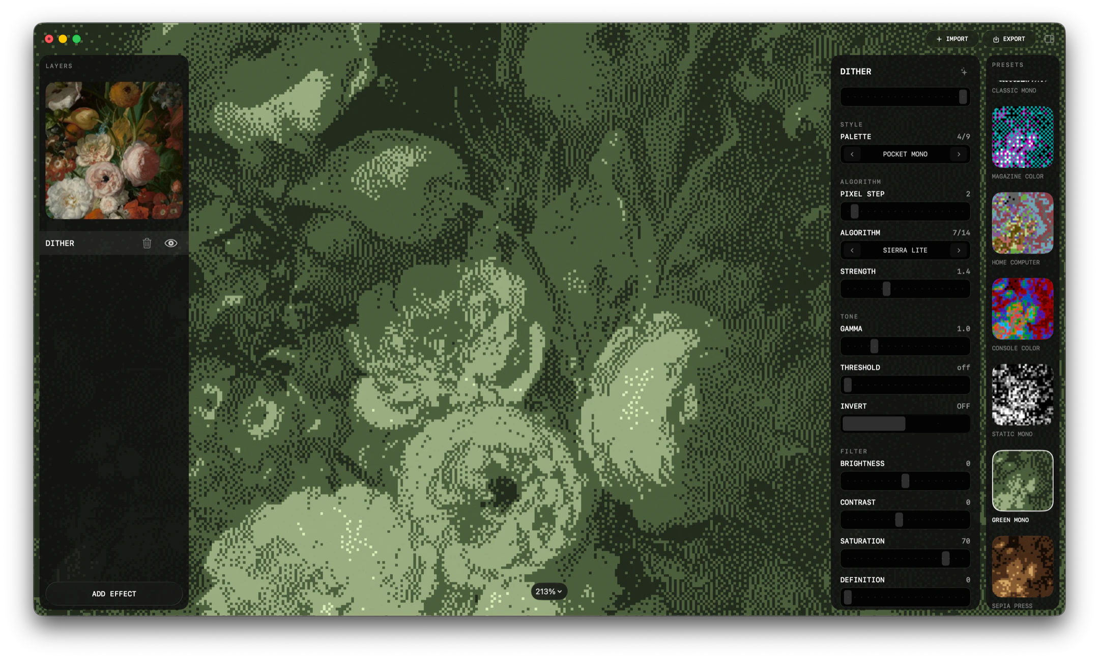 FXOS native macOS workbench applying a green dither effect to flowers