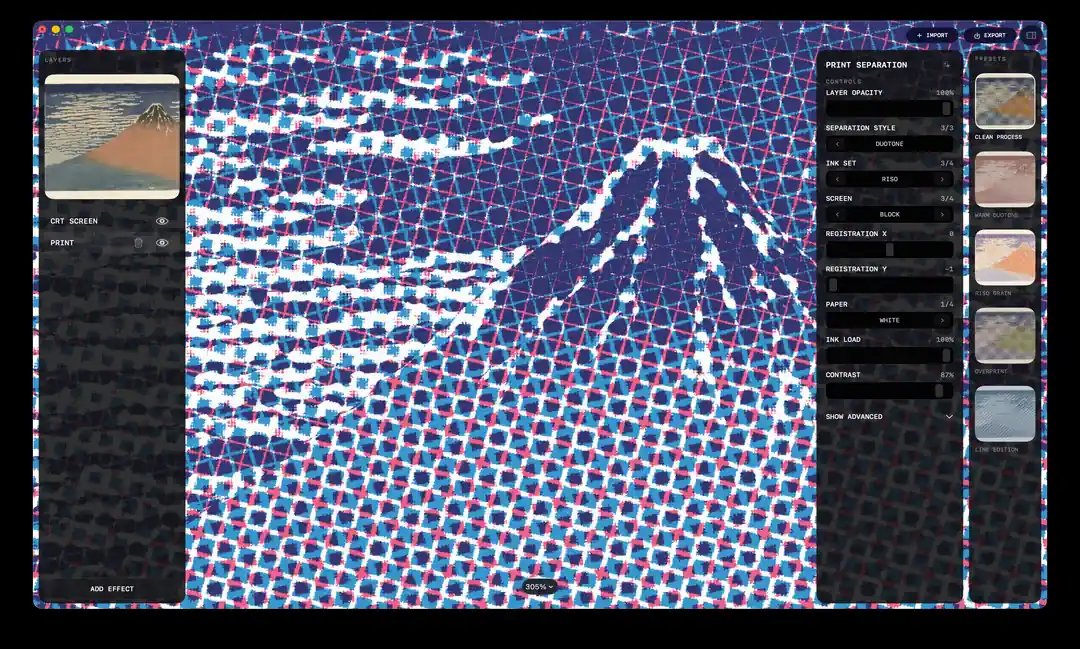 FXOS native macOS workbench applying a blue and pink print separation effect to a Mount Fuji print