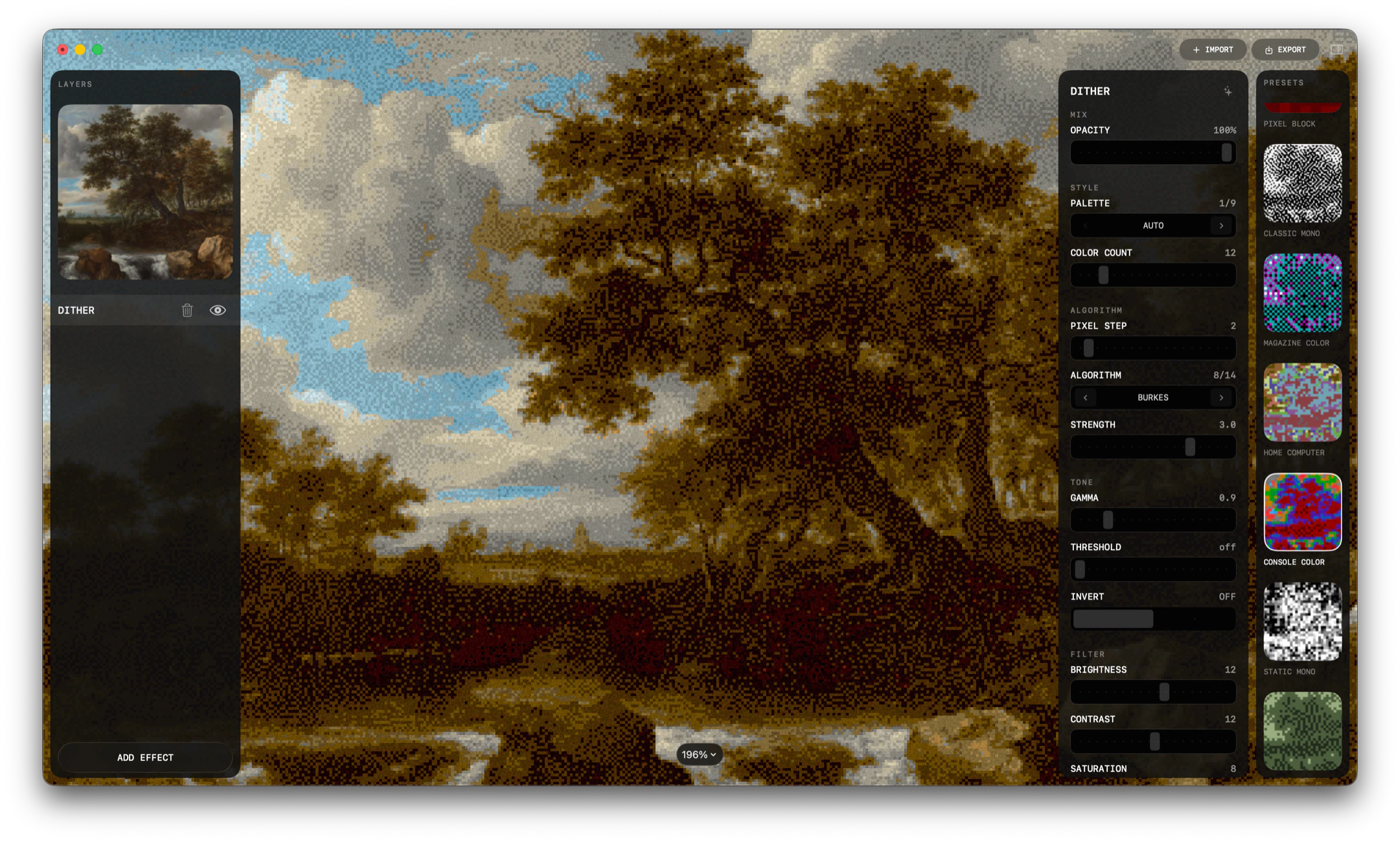 FXOS native macOS workbench applying a dither effect to a landscape