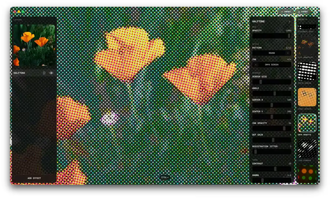 FXOS native macOS workbench applying a CMYK halftone effect to flowers